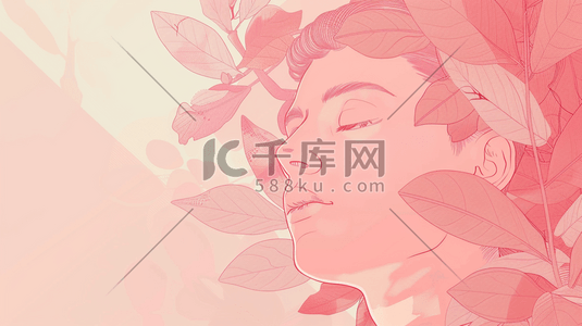 头像插画图片_春季女神节绿叶下的女性头像的插画3