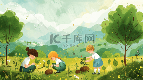 卡通绿色植树节山坡上种树的孩子们原创插画