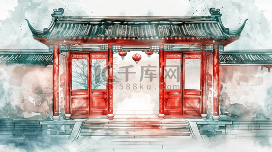 新中式餐具插画图片_中式手绘国风庭院建筑灯笼的插画10