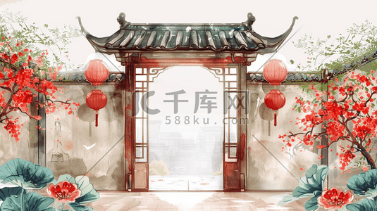 中式手绘国风庭院建筑灯笼的插画7