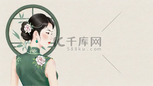 优雅插画图片_妇女节民国穿旗袍的优雅女性插画