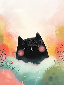 藏在彩云中的小黑猫插画设计