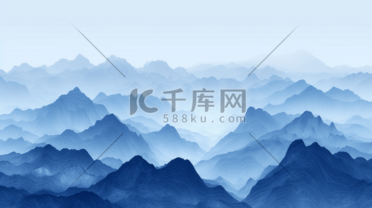 蓝色中国风山水风景插画8