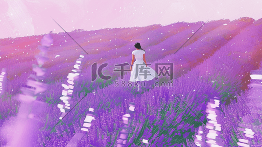 紫色田地里薰衣草女孩穿白色裙子的插画3