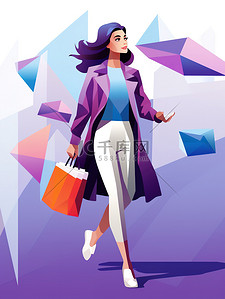消费插画图片_女性购物消费紫色扁平风插画