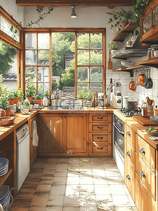 长者空间插画图片_迷人厨房空间动漫风格素材
