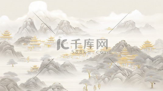 浅灰色和金色中国风山水画插画设计