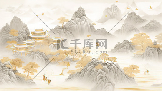 浅灰色和金色中国风山水画插画