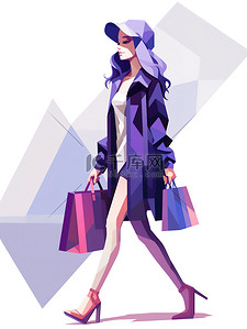 女性购物消费紫色扁平风插画