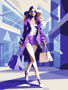 女性购物消费紫色扁平风插画