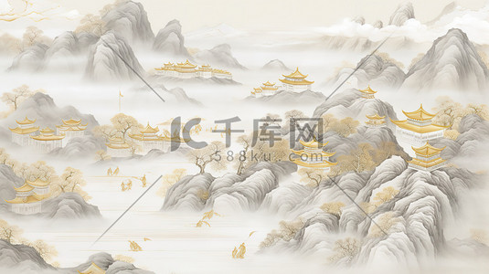 浅灰色和金色中国风山水画矢量插画