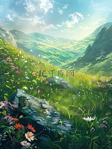 春天碧草覆盖的山丘矢量插画