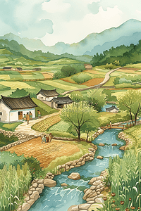 春天风景手绘田间小溪插画