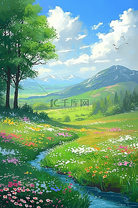 绿岛红梅风景插画图片_插画春天风景花朵小溪油画手绘