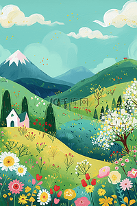 春天彩色的山坡开满插画野花手绘
