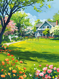 美丽的别墅花园草地春天插画素材