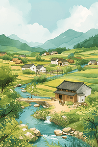 春天田间风景小溪手绘插画