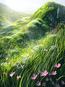 小山丘插画图片_春天碧草覆盖的山丘插画素材