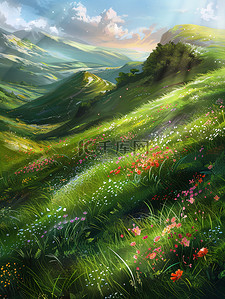 春天碧草覆盖的山丘图片