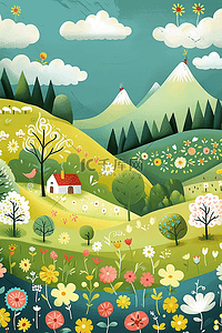 随意搭配插画图片_手绘春天彩色的山坡开满野花插画