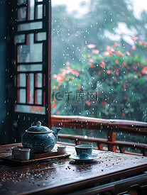 江南窗外蒙蒙细雨插画图片