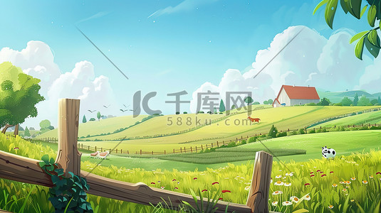 航天设计室插画图片_田野和木栅栏农场插画设计