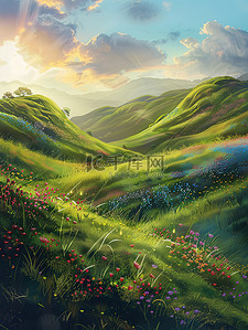 春天碧草覆盖的山丘图片
