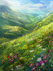 春天碧草覆盖的山丘插图