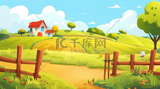 珠宝夏季海报插画图片_田野和木栅栏农场插画海报