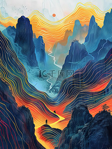 线条艺术极光着色山脉插画海报