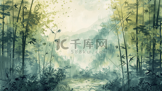 大自然插画图片_春季大自然森林里竹子风景风光的插画14