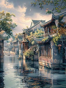 水乡古建筑中国风插图