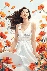 微笑微笑表情插画图片_妇女节鲜花女人插画海报手绘