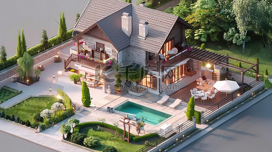 欧式风格泳池私人别墅插画设计
