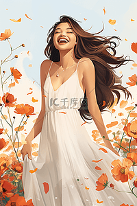 微笑微笑表情插画图片_妇女节鲜花手绘女人插画海报