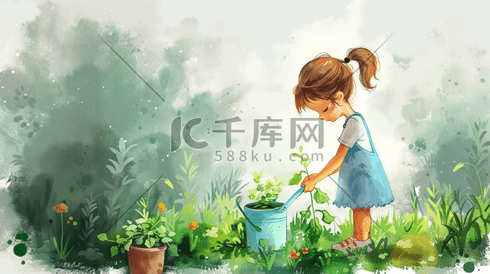 春天森林公园里小姑娘种花浇水的的插画1