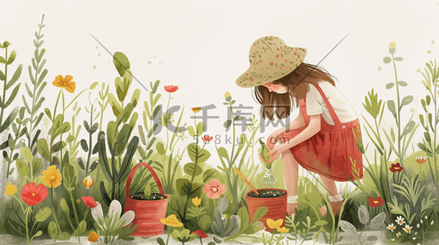 春天森林公园里小姑娘种花浇水的的插画5