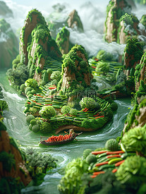 蔬菜水果山河微缩景观插画海报