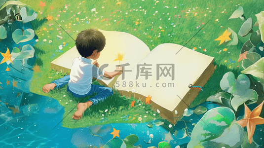 草地池塘边看书的小男孩插画7