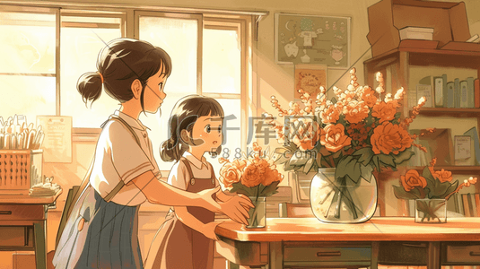 整理资料插画图片_现代学校课堂里女孩整理花束的插画6