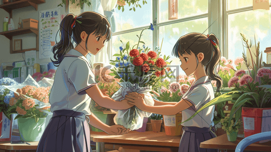 整理材料插画图片_现代学校课堂里女孩整理花束的插画10