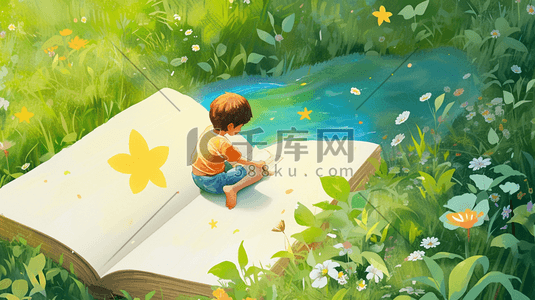 小男孩男孩插画图片_草地池塘边看书的小男孩插画1