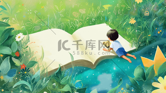看书看书插画图片_草地池塘边看书的小男孩插画8
