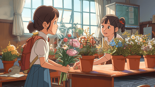 现代学校课堂里女孩整理花束的插画1