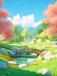 春天小桥和山的动漫景观插画海报