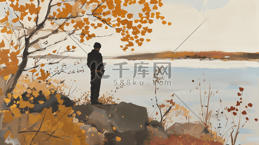 人物沙发插画图片_彩绘手绘秋季户外人物背影的插画3