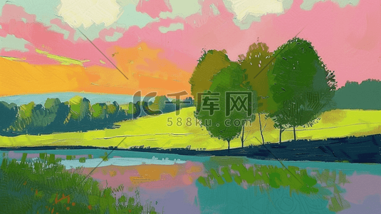 春天景色手绘插画图片_简约手绘春天景色风景如画的插画7