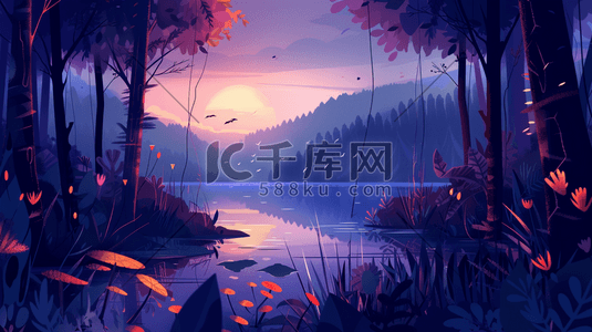 紫色深夜森林里风景风光的插画1