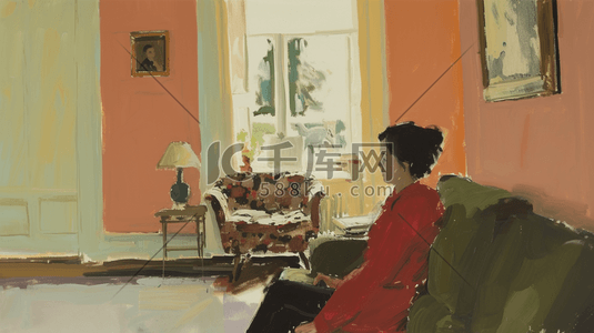 人物沙发插画图片_彩绘手绘室内装饰女人坐沙发的插画1