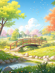 山景观插画图片_春天小桥和山的动漫景观插画素材